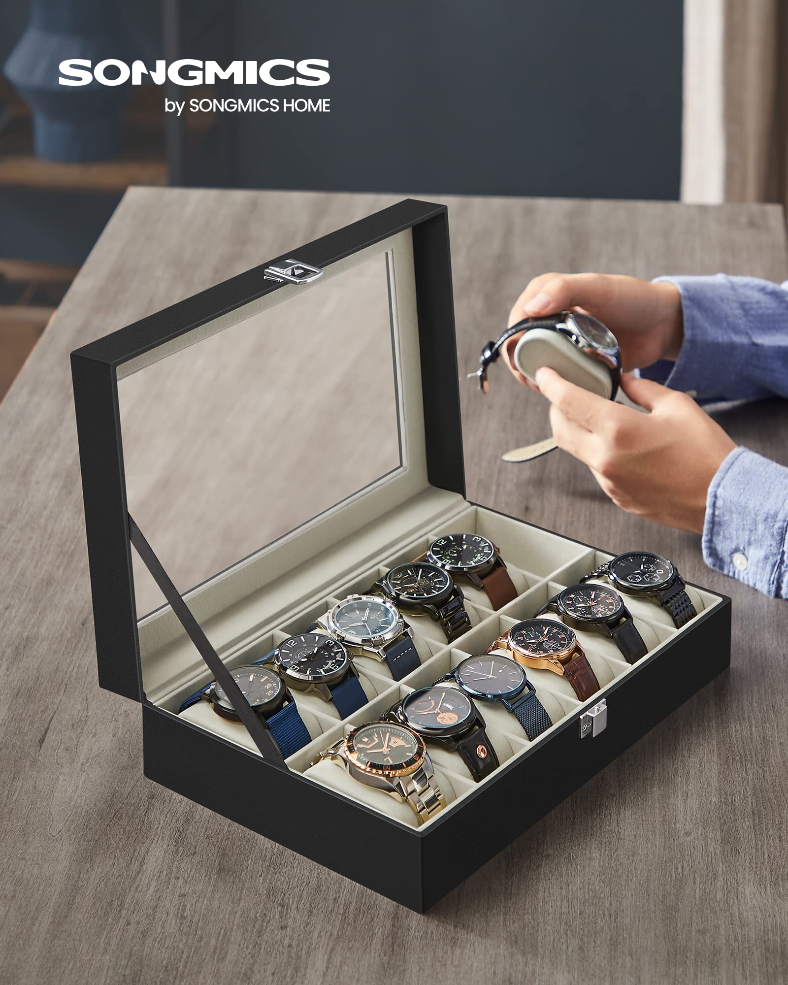 Foto 3 pulgar | Watch Box Songmics De 12 Ranuras Con Tapa De Cristal Y Cojines Para Relojes - Venta Internacional.