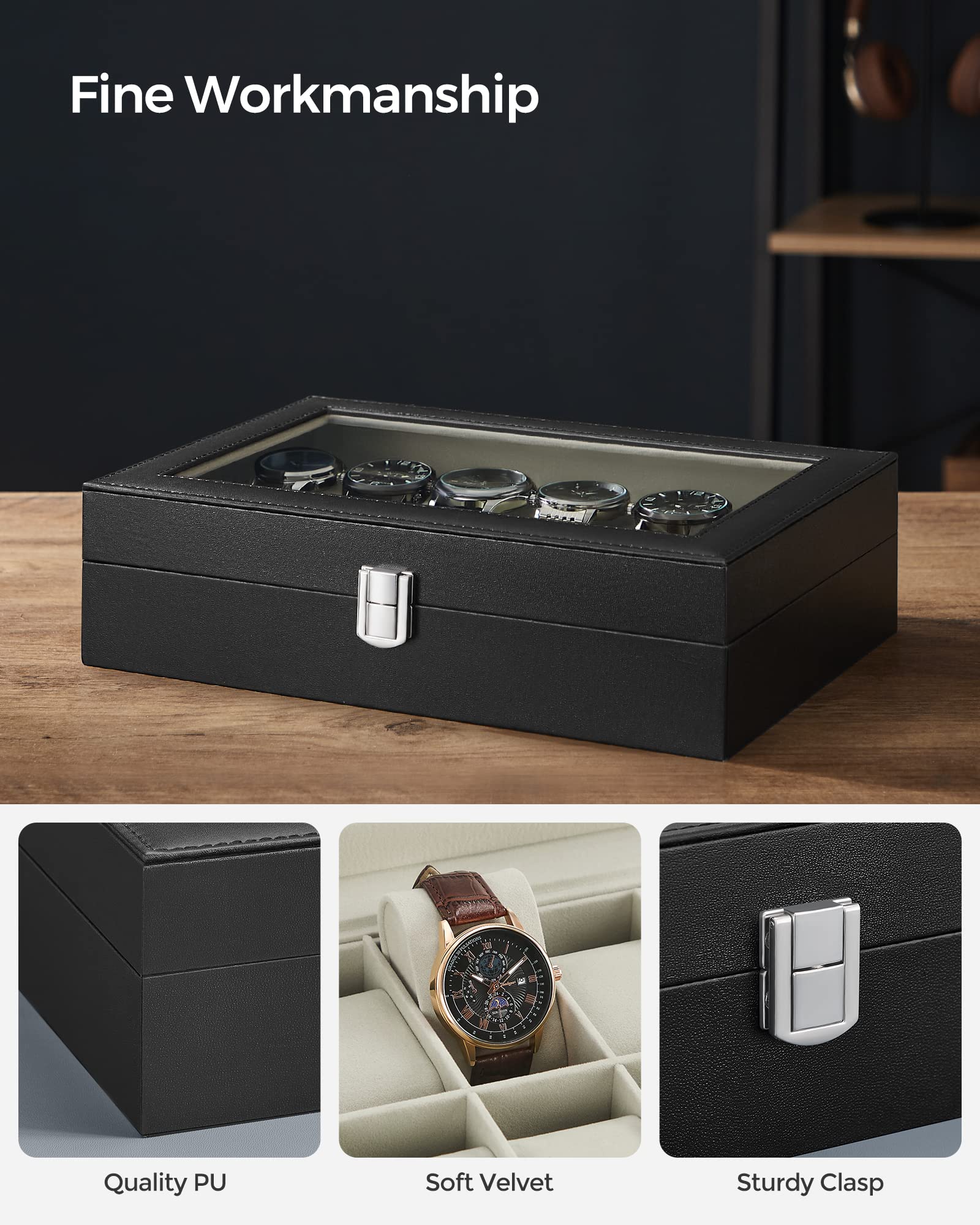 Foto 4 pulgar | Watch Box Songmics De 12 Ranuras Con Tapa De Cristal Y Cojines Para Relojes - Venta Internacional.