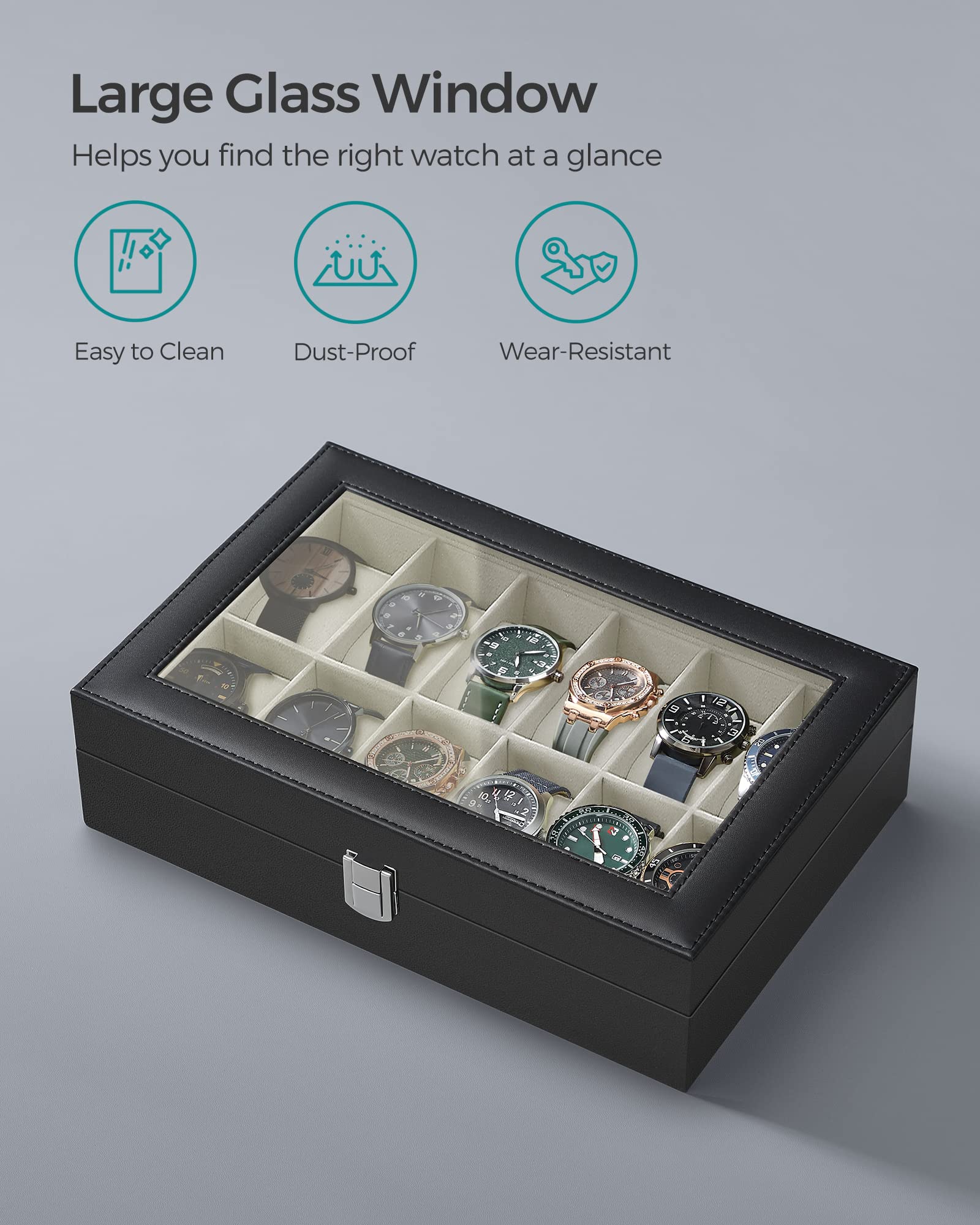 Foto 5 pulgar | Watch Box Songmics De 12 Ranuras Con Tapa De Cristal Y Cojines Para Relojes - Venta Internacional.