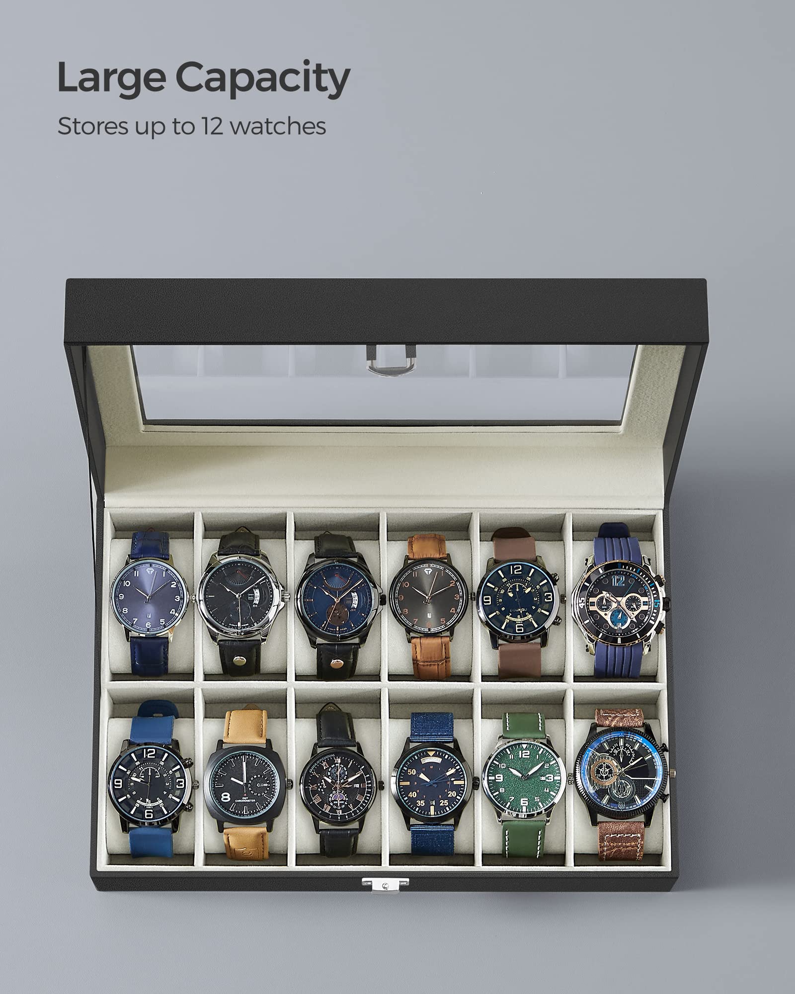 Foto 6 pulgar | Watch Box Songmics De 12 Ranuras Con Tapa De Cristal Y Cojines Para Relojes - Venta Internacional.
