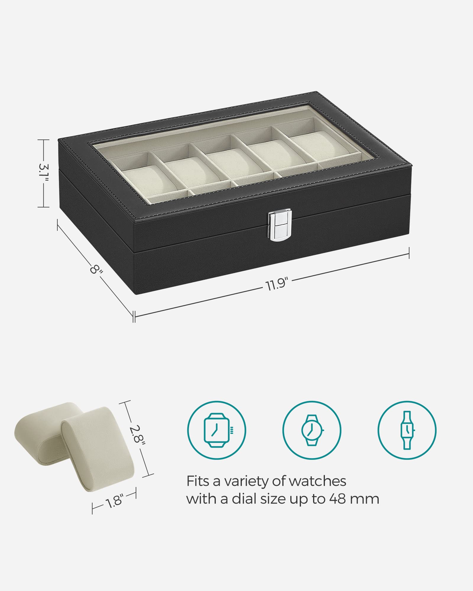 Foto 6 | Watch Box Songmics De 12 Ranuras Con Tapa De Cristal Y Cojines Para Relojes - Venta Internacional.