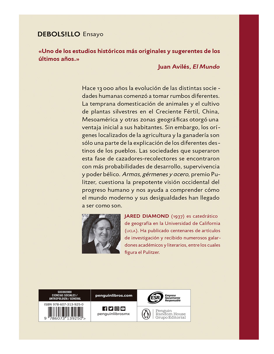Foto 3 pulgar | Armas, Gérmenes y Acero Editorial Debolsillo Autor Jared Diamond