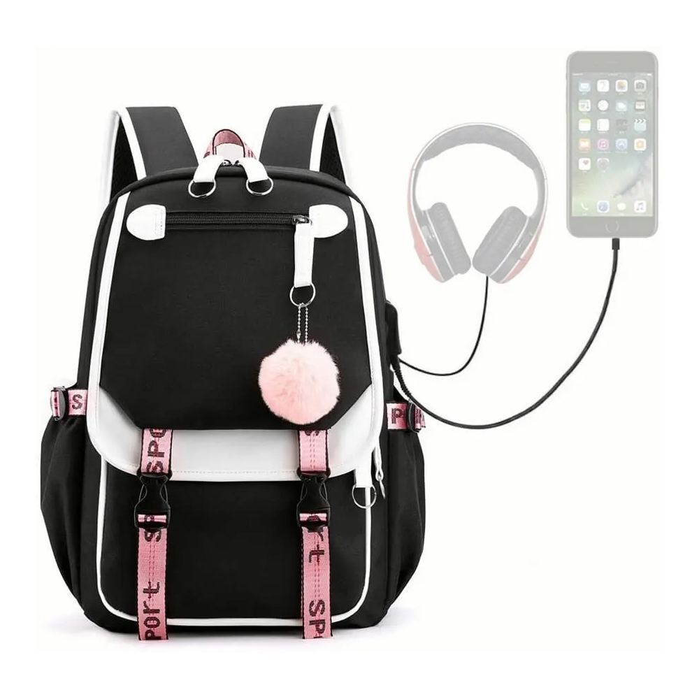Mochila MT color Negro para Escuela o Viajes Juvenil Puertos USB de Mujer