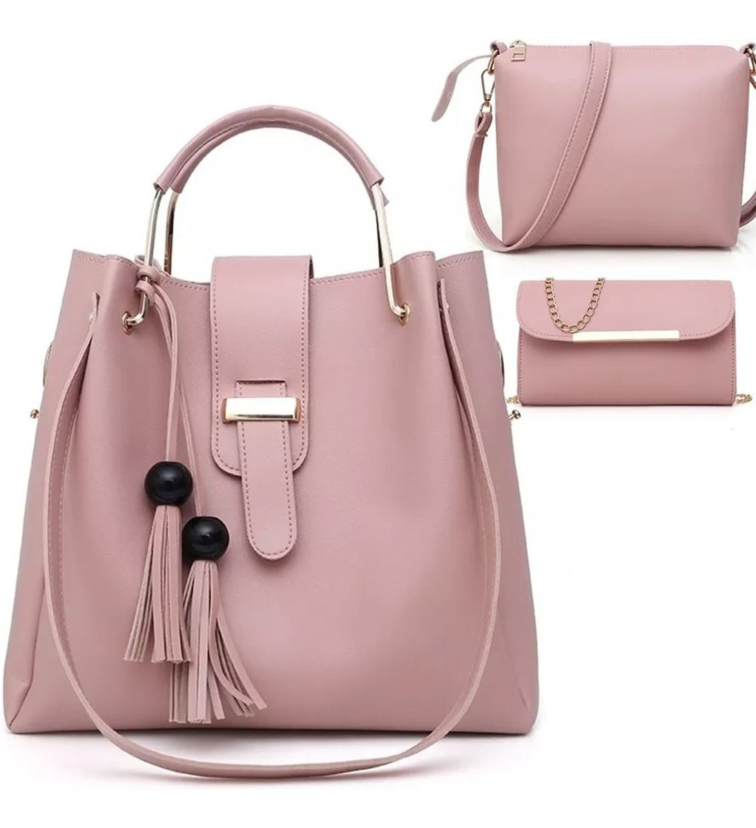Set 3 Bolsas Bandolera Dama Mujer Cosmetiquera Cartera Borla