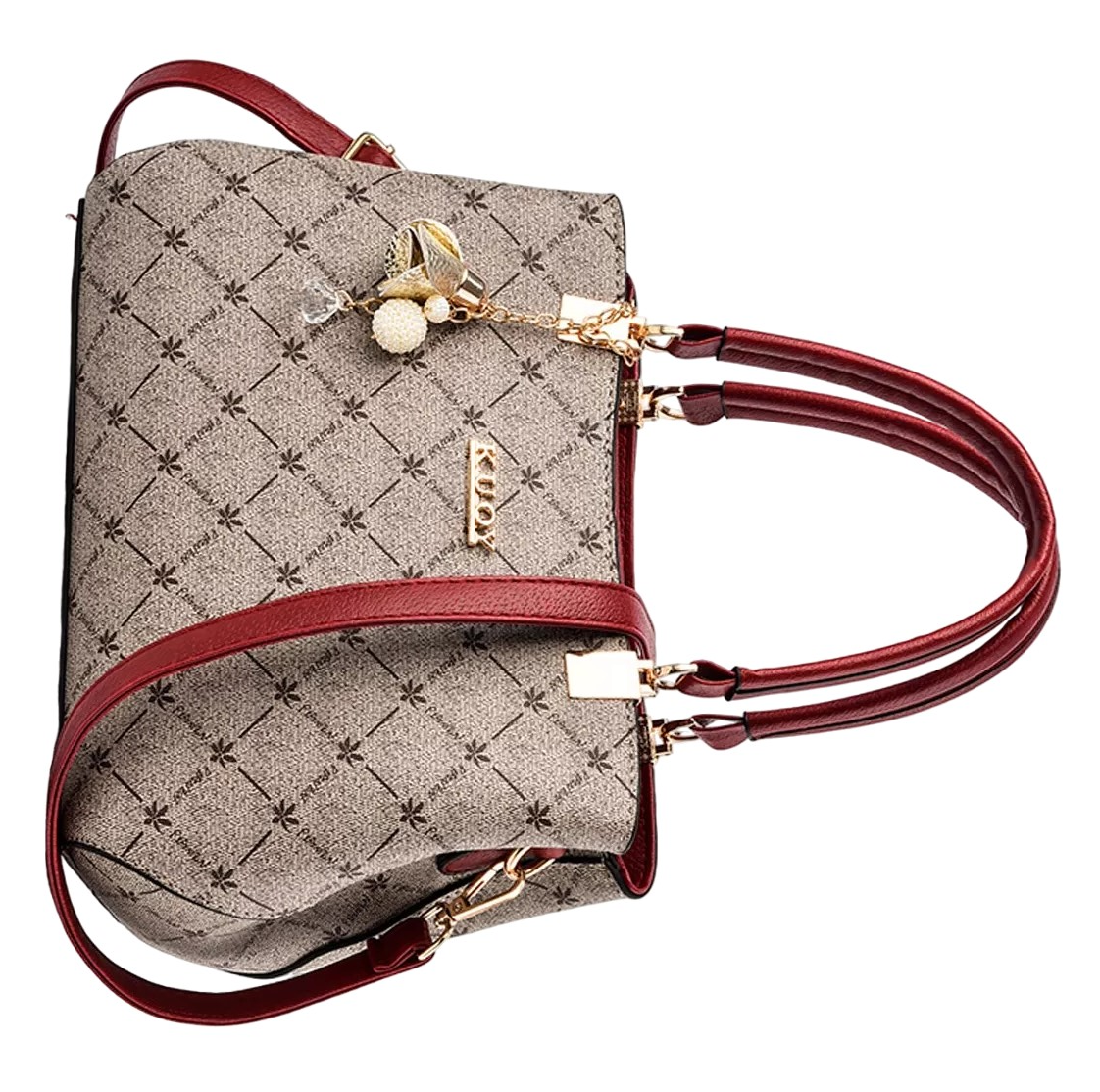 Foto 4 pulgar | Bolso Bandolera De Cuero Para Mujer Gran Capacidad Caqui/cintas Rojo