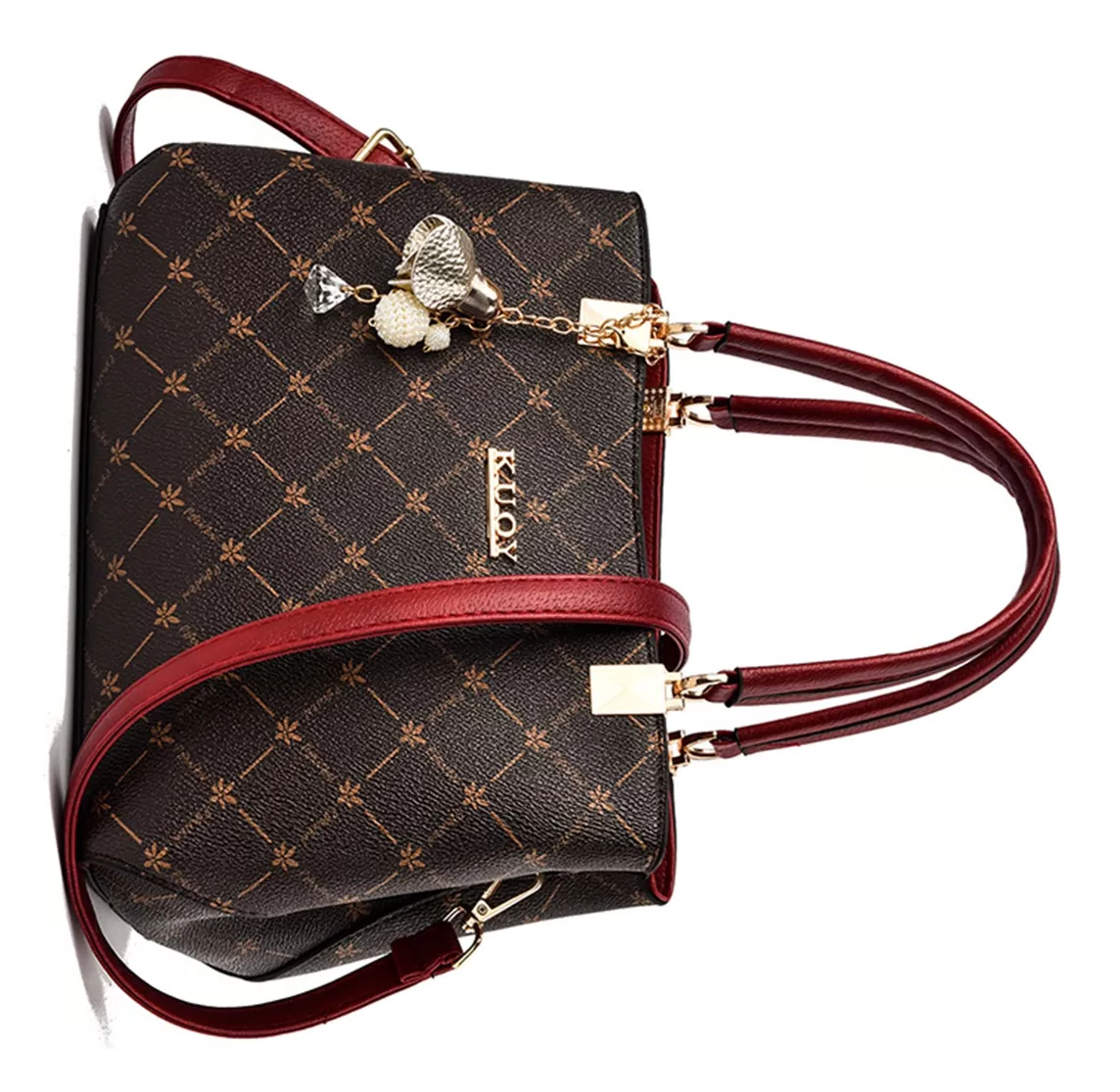 Foto 3 | Bolso Bandolera De Cuero Para Mujer Gran Capacidad Marrón/cintas Rojo