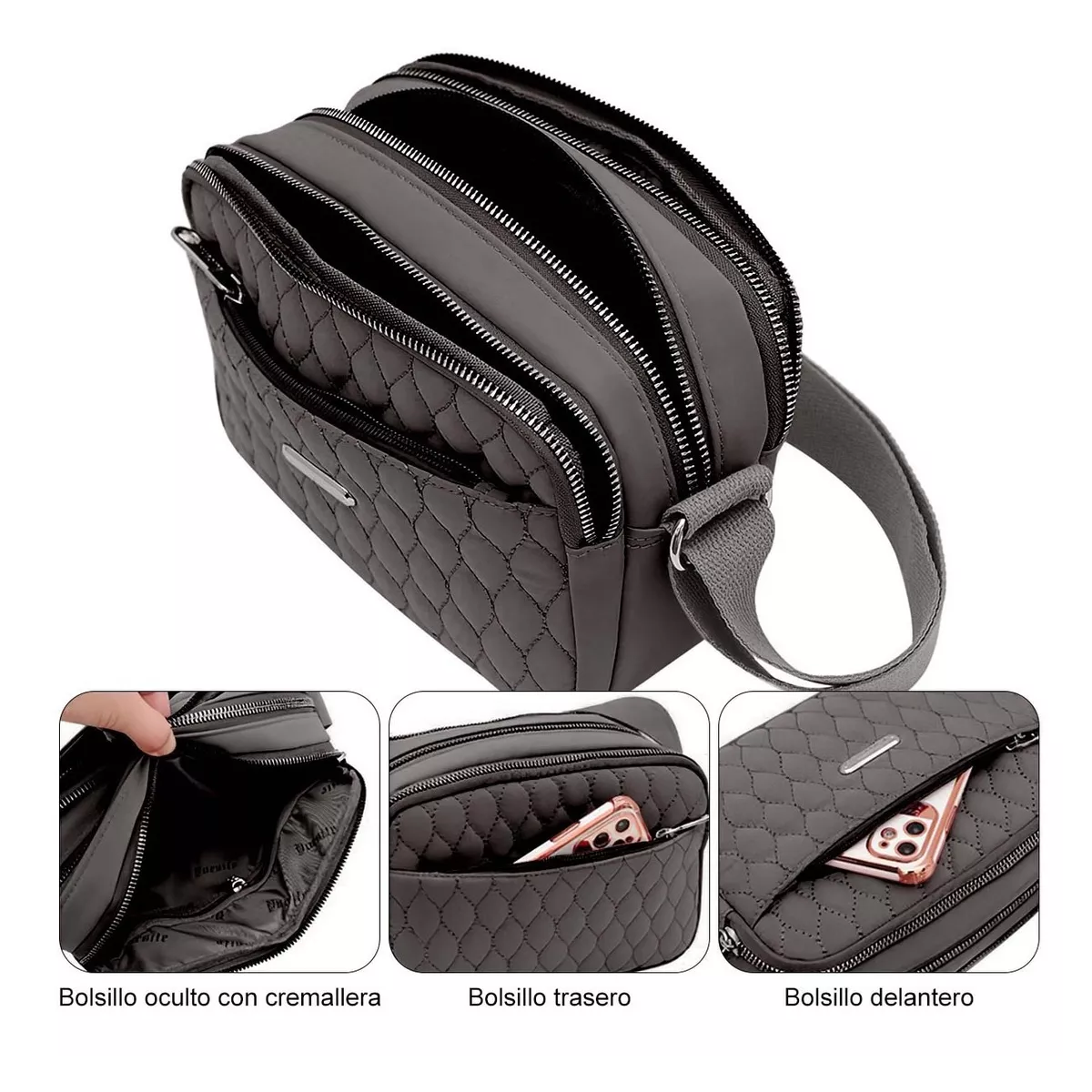 Foto 4 pulgar | Bolso Multifuncional Impermeable y Antirrobo para Mujer Gris