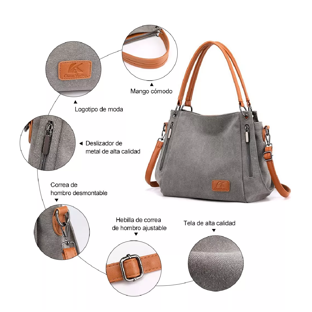 Foto 3 pulgar | Bolso Multifuncional de Lona de Gran Capacidad Gris para Mujer