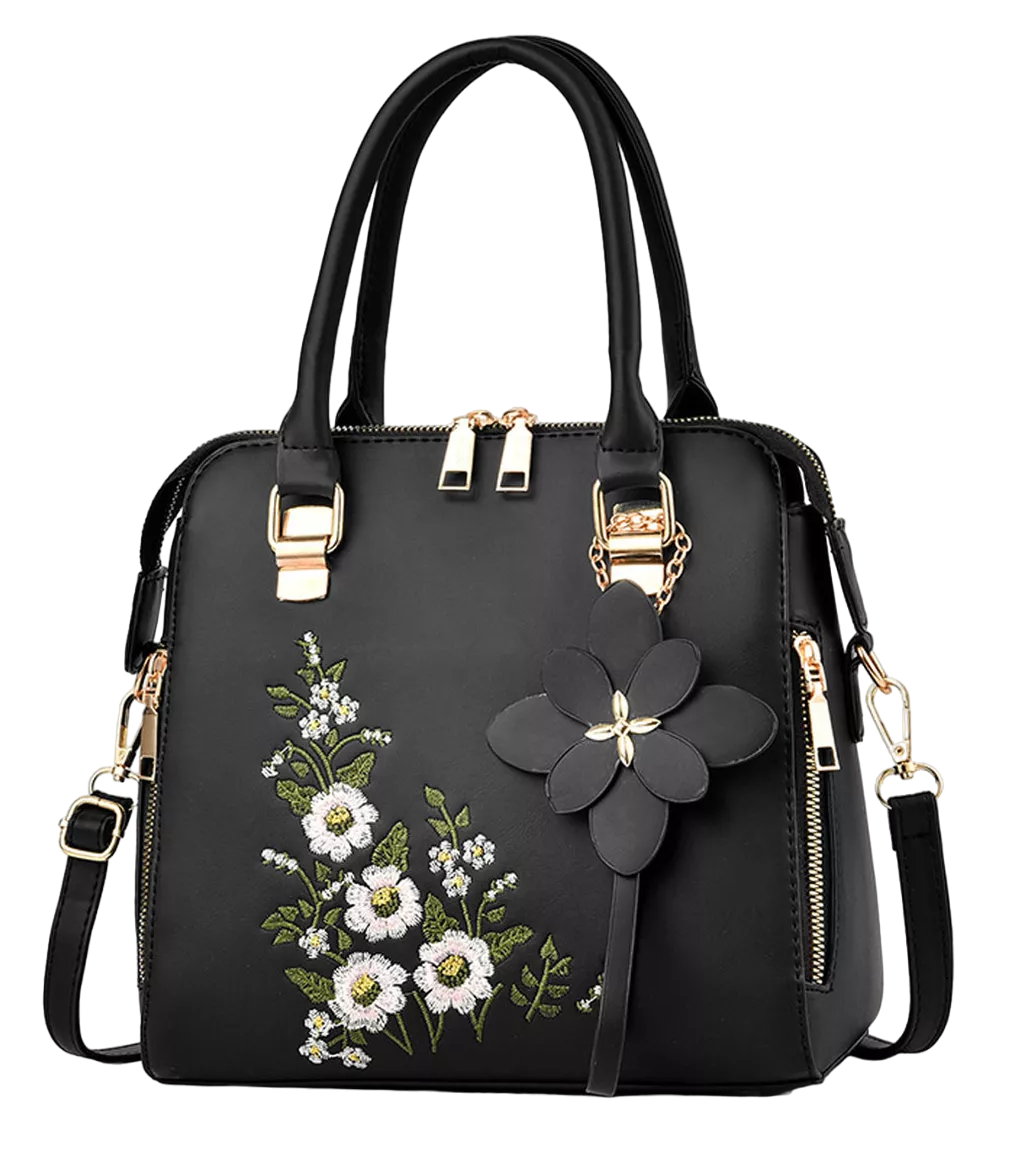 Bolso Bandolera Crossbody De Flores Mano Bordadas Para Mujer Negro