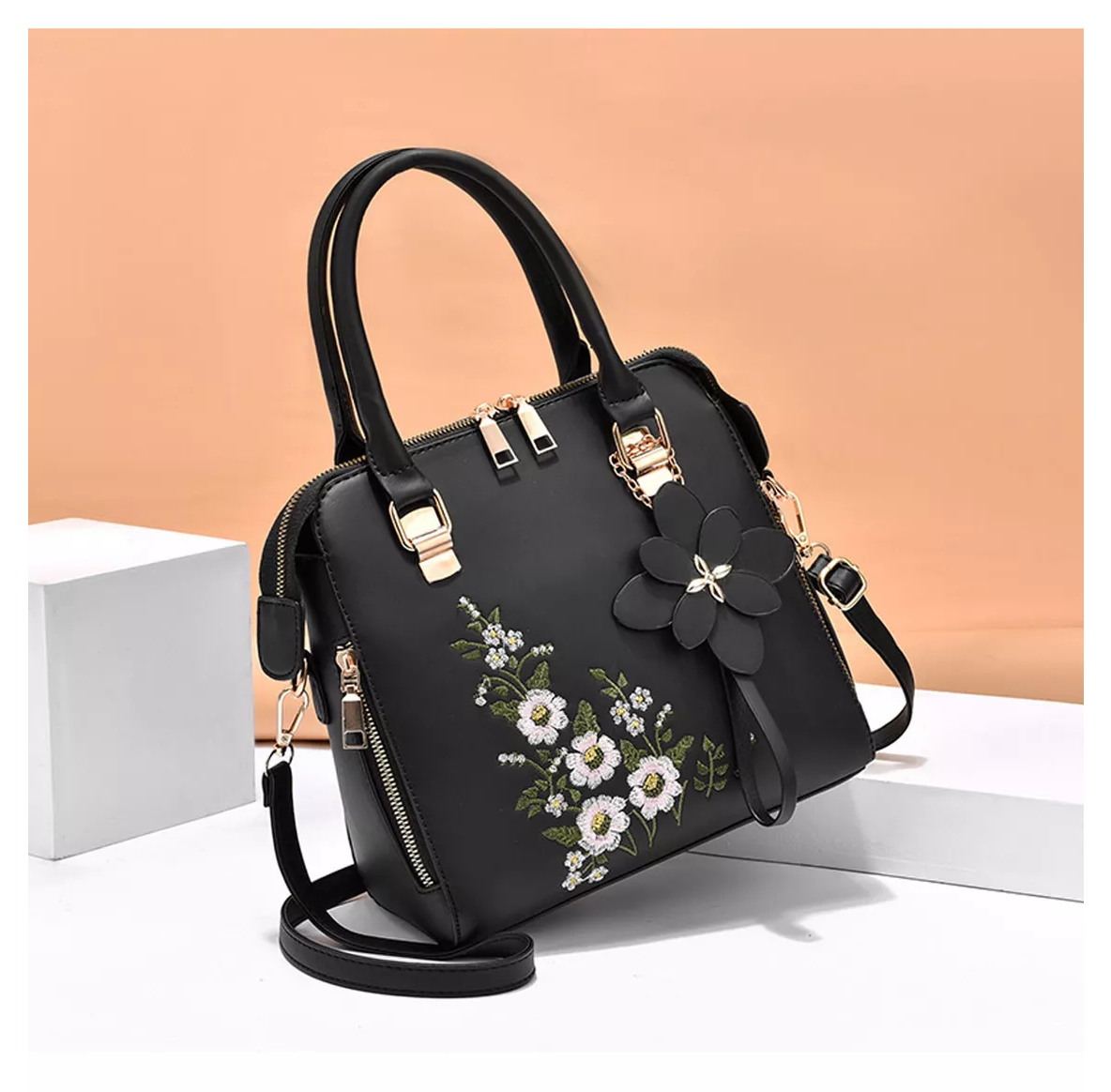 Foto 4 pulgar | Bolso Bandolera Crossbody De Flores Mano Bordadas Para Mujer Negro