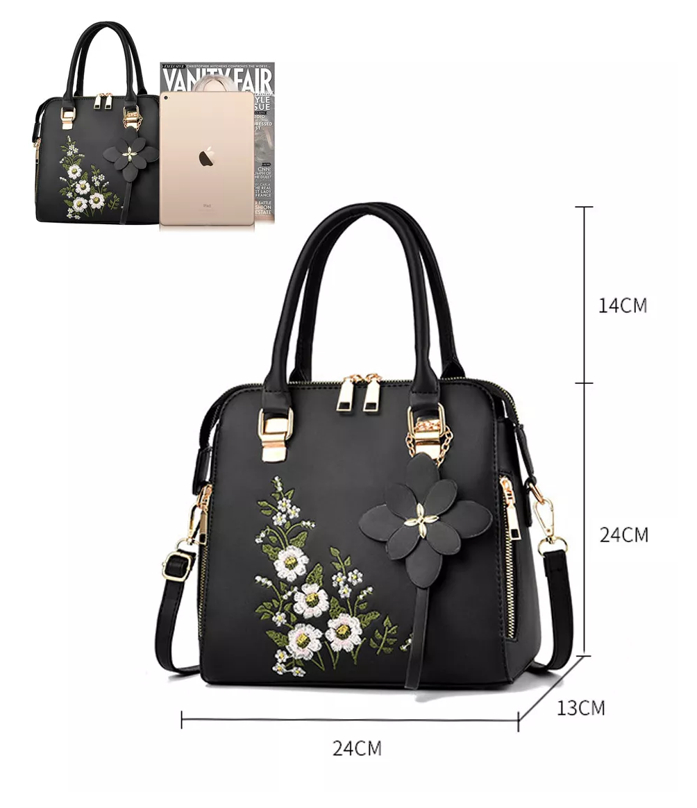 Foto 4 | Bolso Bandolera Crossbody De Flores Mano Bordadas Para Mujer Negro