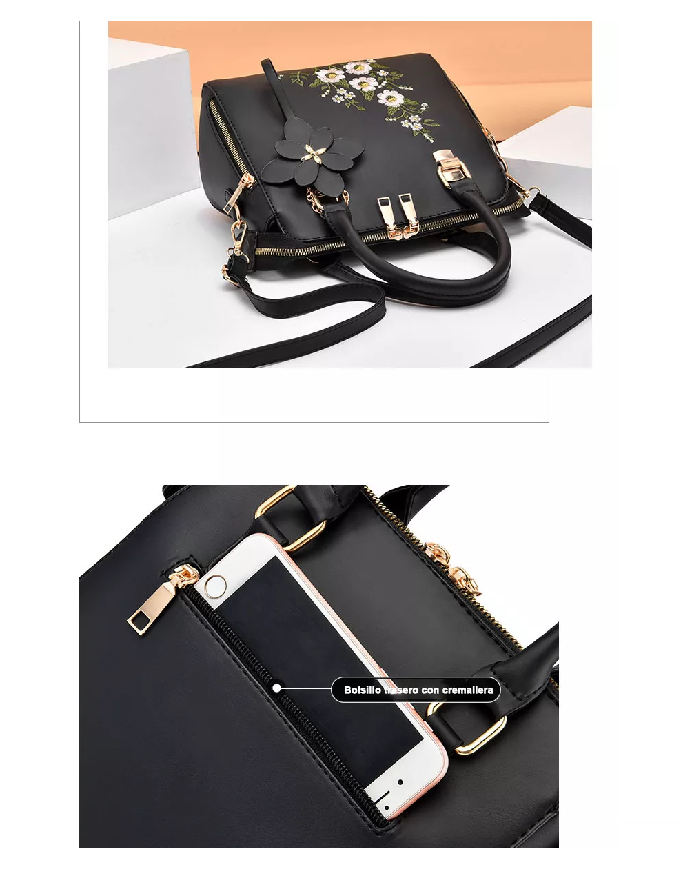 Foto 6 pulgar | Bolso Bandolera Crossbody De Flores Mano Bordadas Para Mujer Negro