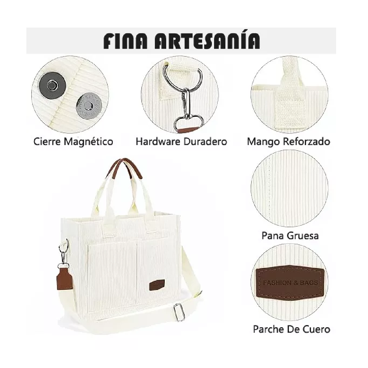 Foto 3 pulgar | Bolsa De Pana Con Múltiples Bolsillos Para Mujer Blanco