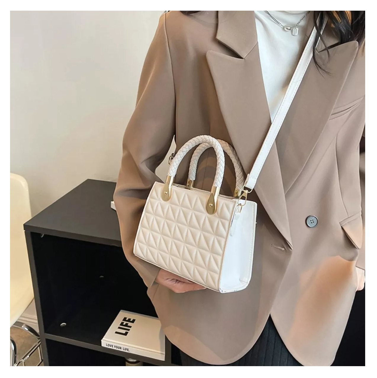Foto 5 | Bolsa De Diseño De Cuadros Bandolera De Dama Elegante Blanco