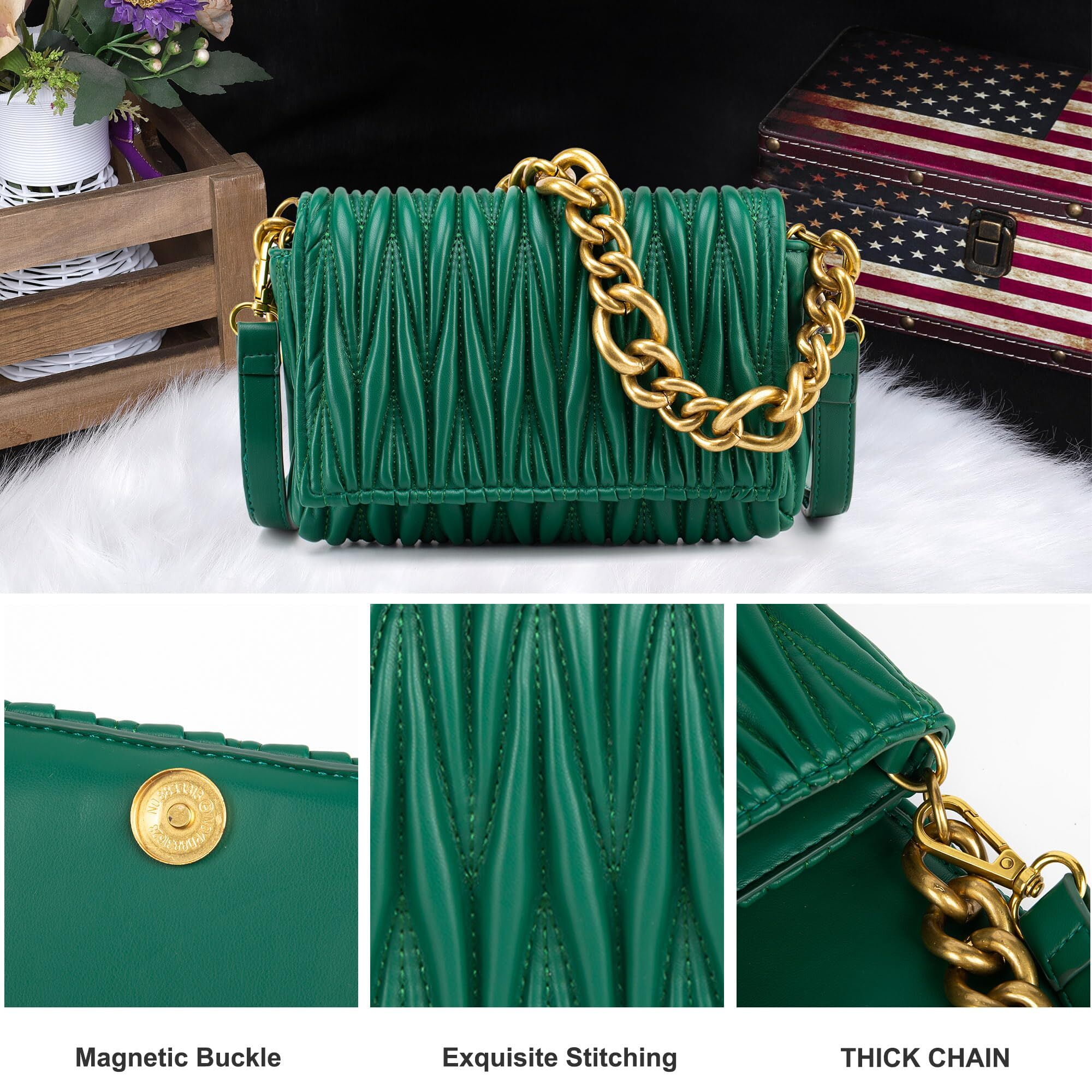 Foto 4 | Bolso Bandolera Acolchado En Piel Sintética Verde - Venta Internacional.