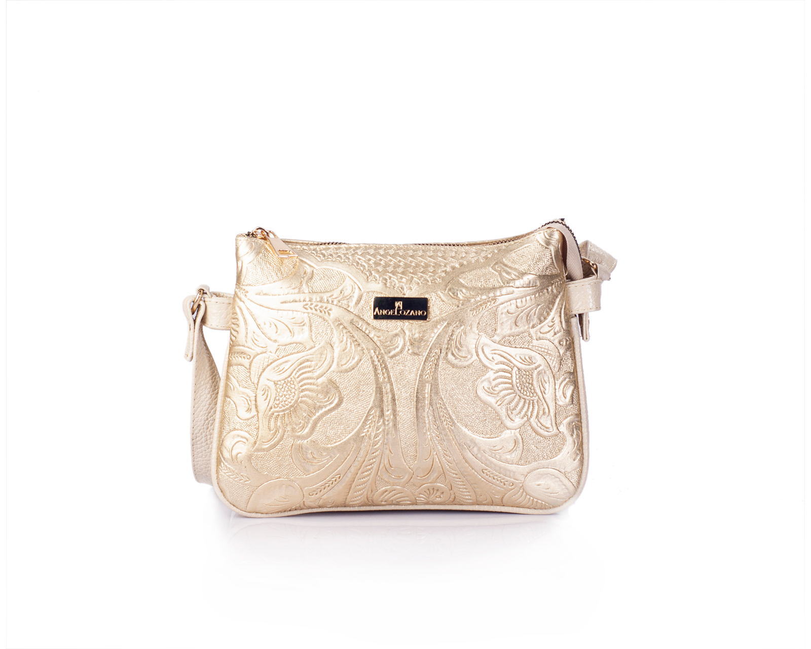 Foto 2 pulgar | Bolso A Ángelozano Tipo Crossbody De Piel Vacuna Con Grabado Tipo Cincelado Modelo Jaqueline Color Oro Rosado