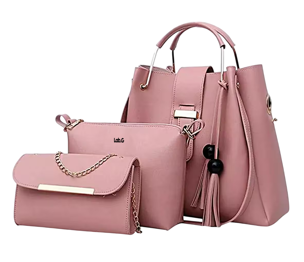 Set 3 Bolsas Mujer Borla Moda Cartera Crossbody Tote Hobo Pu Color Rosa