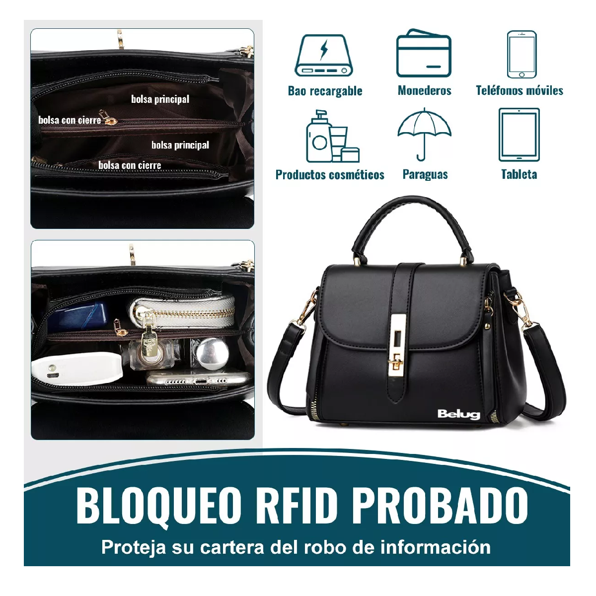 Foto 5 pulgar | Bolsa Mujer Impermeable Tote Crossbody Bandolera De Pu, Belug Negra