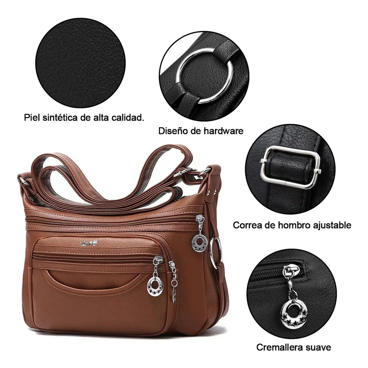 Foto 3 pulgar | Bolso Bandolera Multibolsillos De Piel Suave Para Mujer Lab.g Marrón
