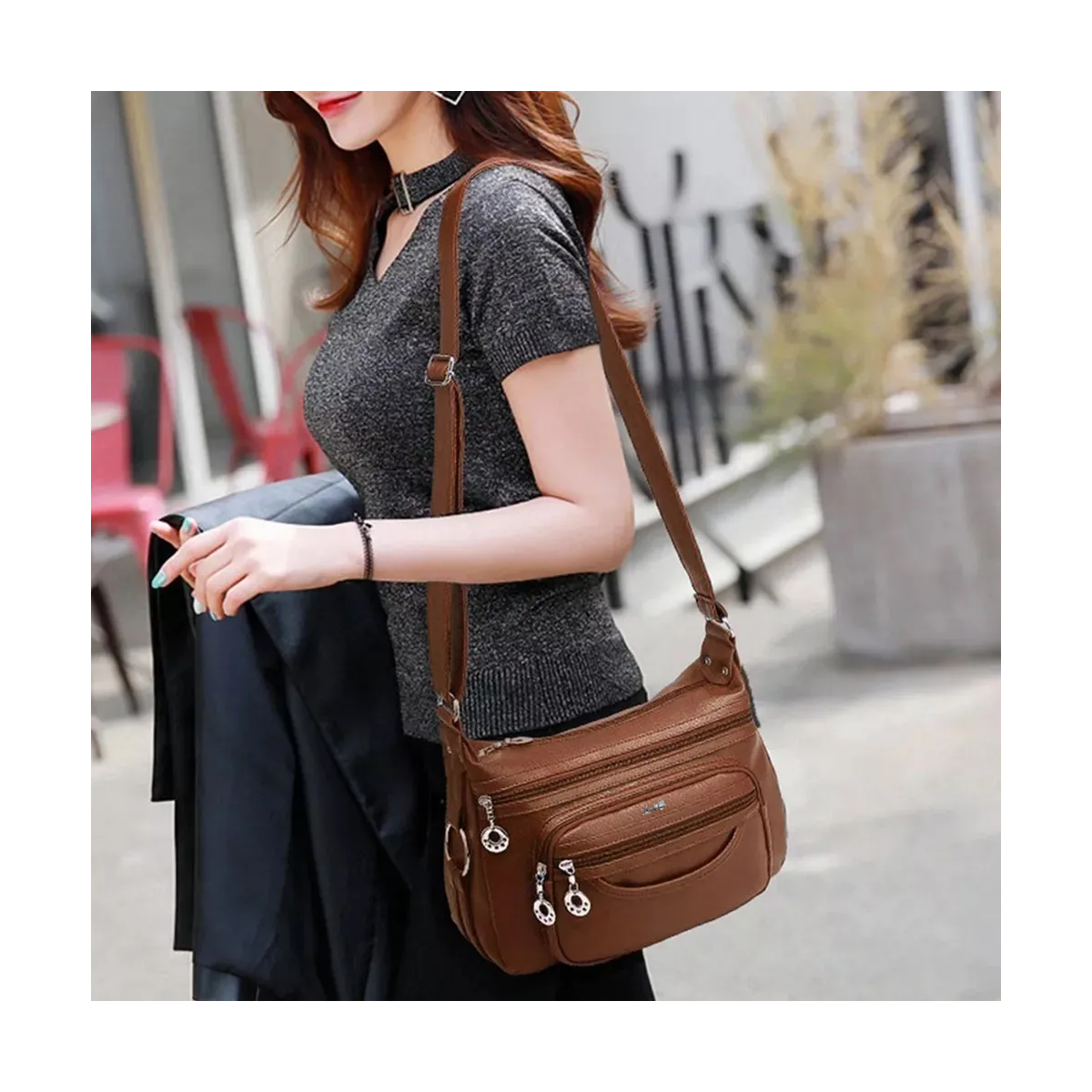 Foto 6 pulgar | Bolso Bandolera Multibolsillos De Piel Suave Para Mujer Lab.g Marrón