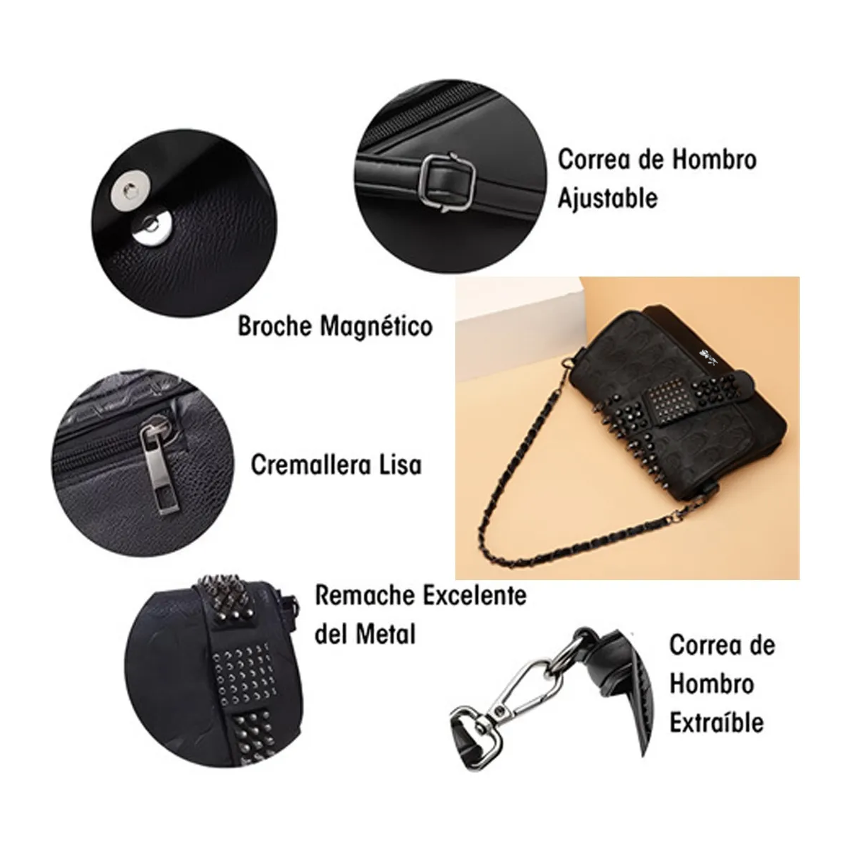 Foto 5 pulgar | Bolso Mujer Remachado Calavera Hombro Bandolera Lab.g Negro