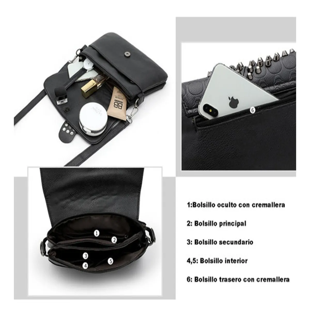 Foto 5 | Bolso Mujer Remachado Calavera Hombro Bandolera Lab.g Negro