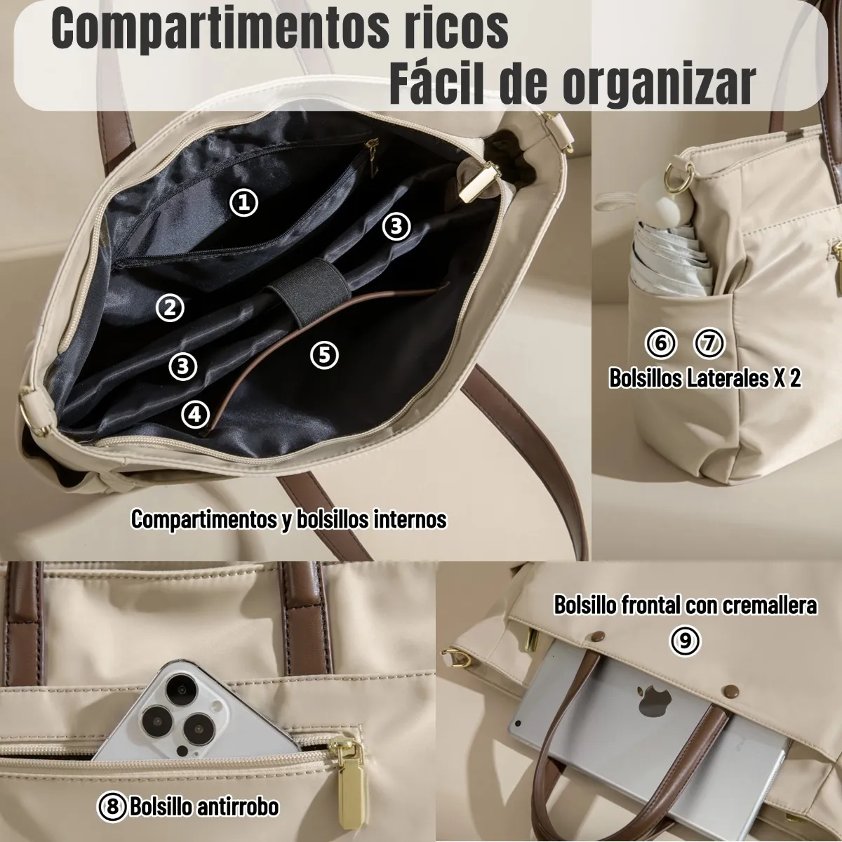 Foto 5 pulgar | Bolso Mujer Laptop Gran Capacidad 9 Bolsillos Elegante Y Ligera Eo Safe Imports Esi-19525 Negro