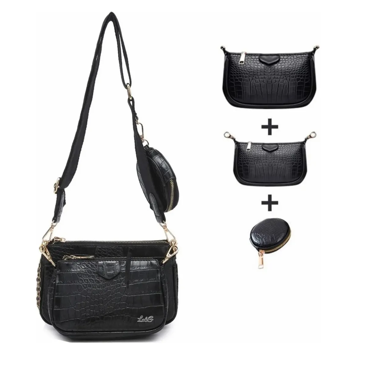 Foto 2 | 3en 1 Bolsas De Dama De Moda Con Estampado De Cocodrilo Lab.g Negra