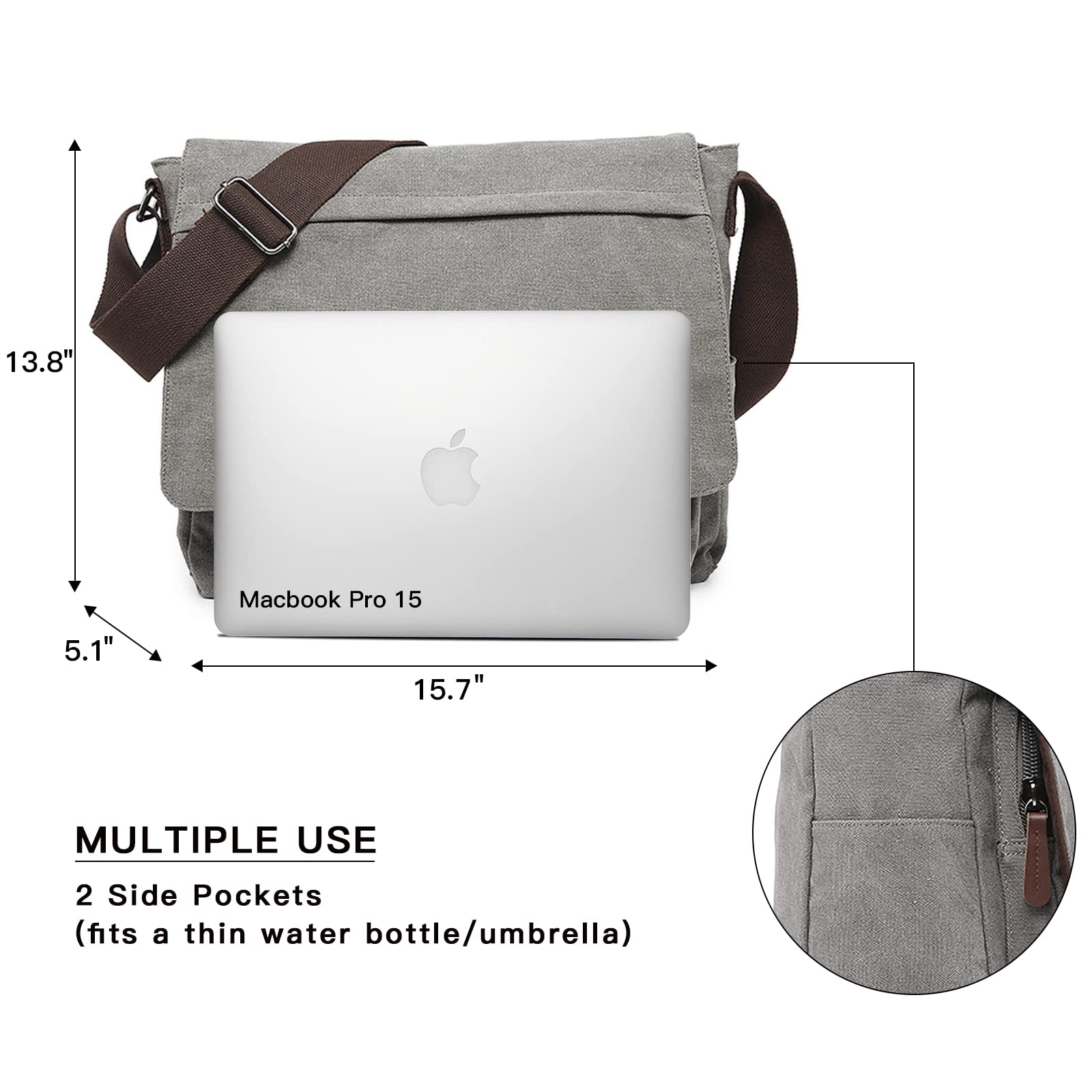 Foto 2 | Bandolera Tipo Bandolera Dasein Vintage Canvas Grey Para Portátil De 15 Pulgadas - Venta Internacional.