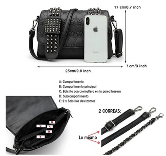 Foto 2 | Elegante Bolso Gótico Xtellar Bandolera De Cuero Con Detalles De Calavera Punk Y Cadena Plateada