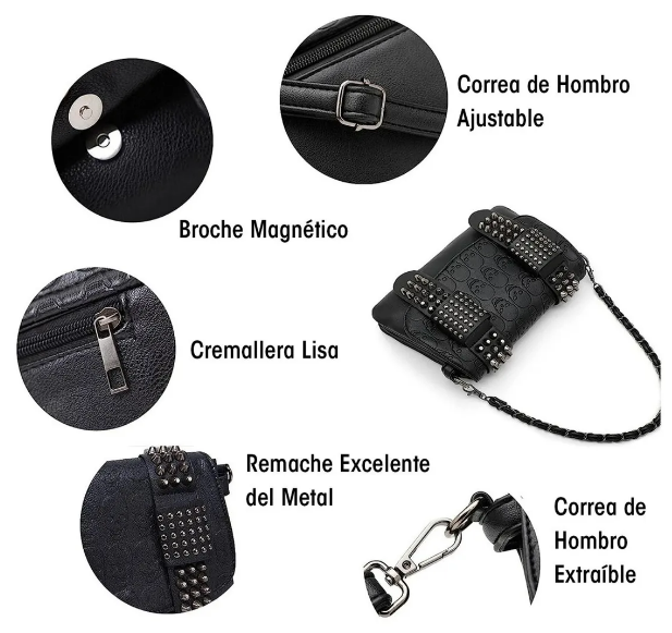 Foto 4 pulgar | Elegante Bolso Gótico Xtellar Bandolera De Cuero Con Detalles De Calavera Punk Y Cadena Plateada