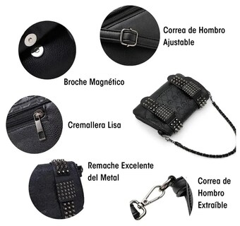 Foto 3 | Elegante Bolso Gótico Xtellar Bandolera De Cuero Con Detalles De Calavera Punk Y Cadena Plateada