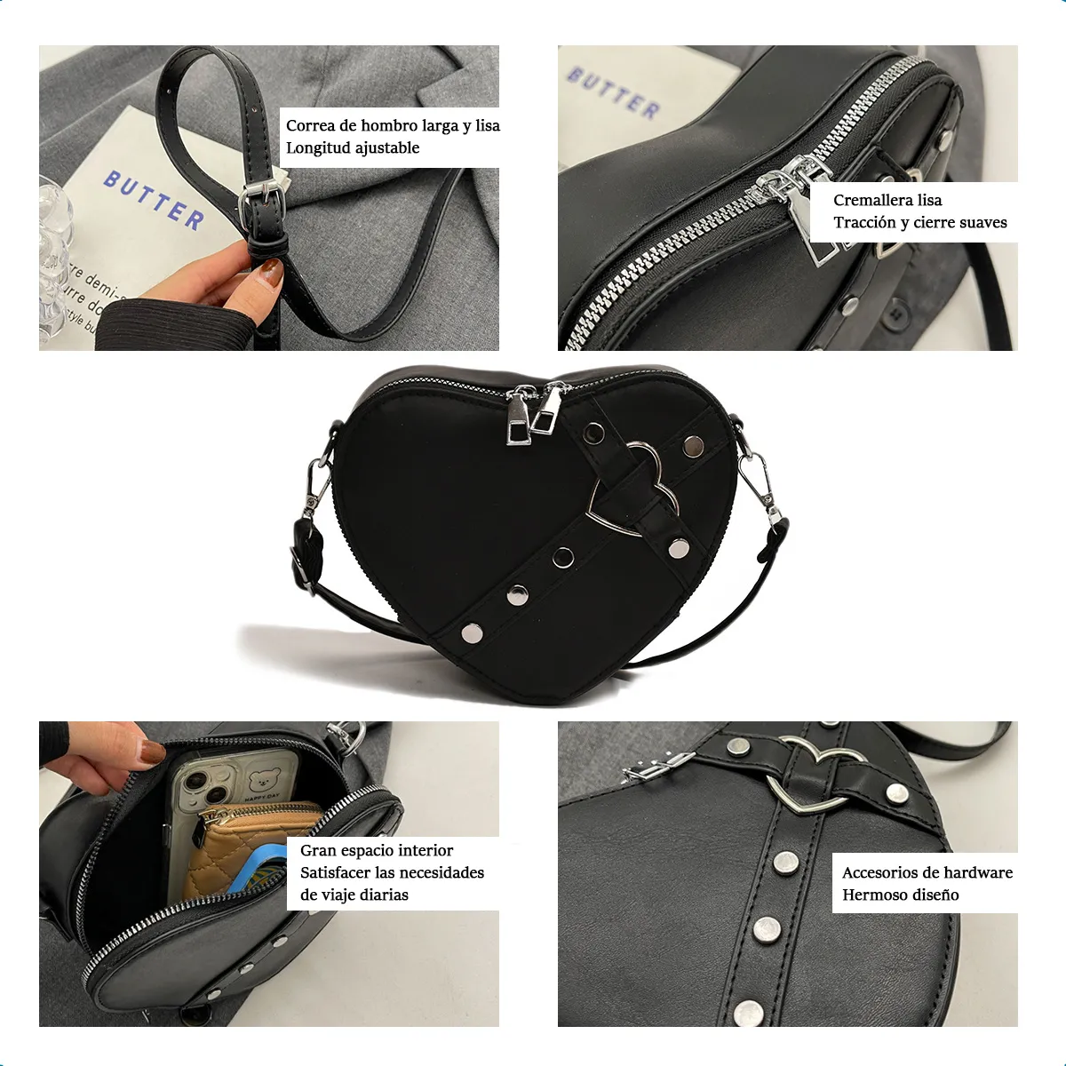 Foto 4 pulgar | Bolso Belug  Forma De Corazón Bandolera Moda Bolsa De Mano Pu Mujer Negro
