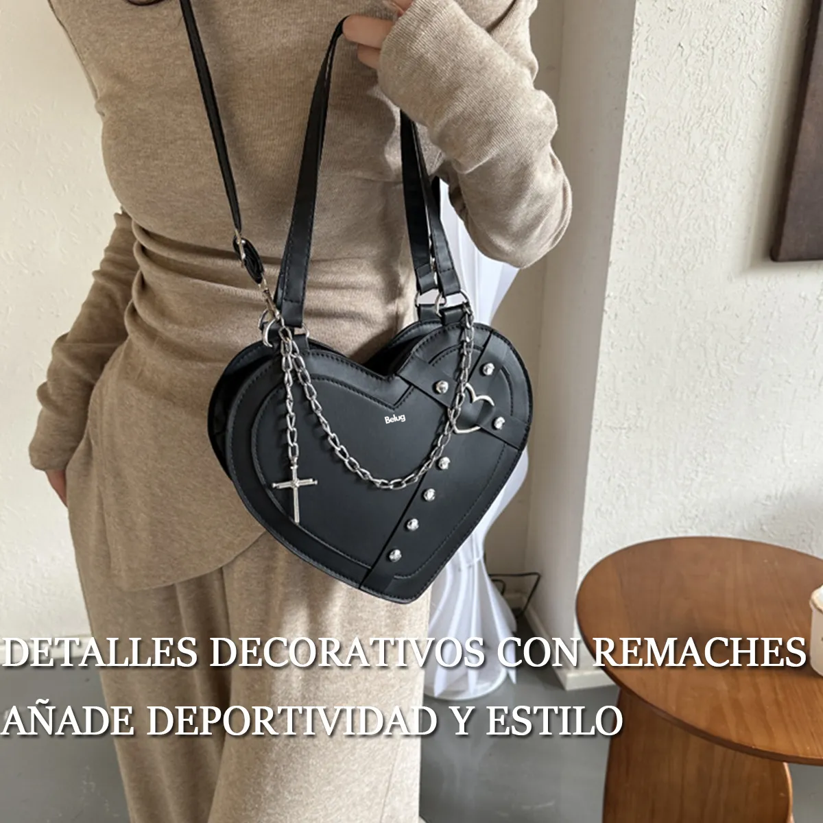 Foto 6 pulgar | Bolso Belug  Forma De Corazón Bandolera Moda Bolsa De Mano Pu Mujer Negro