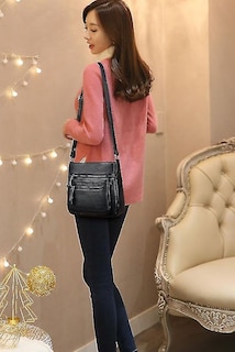 Foto 3 | Bolso De Mano Huoguo 23 Cm De Cuero Negro De Diseño De Lujo Para Mujer - Venta Internacional.