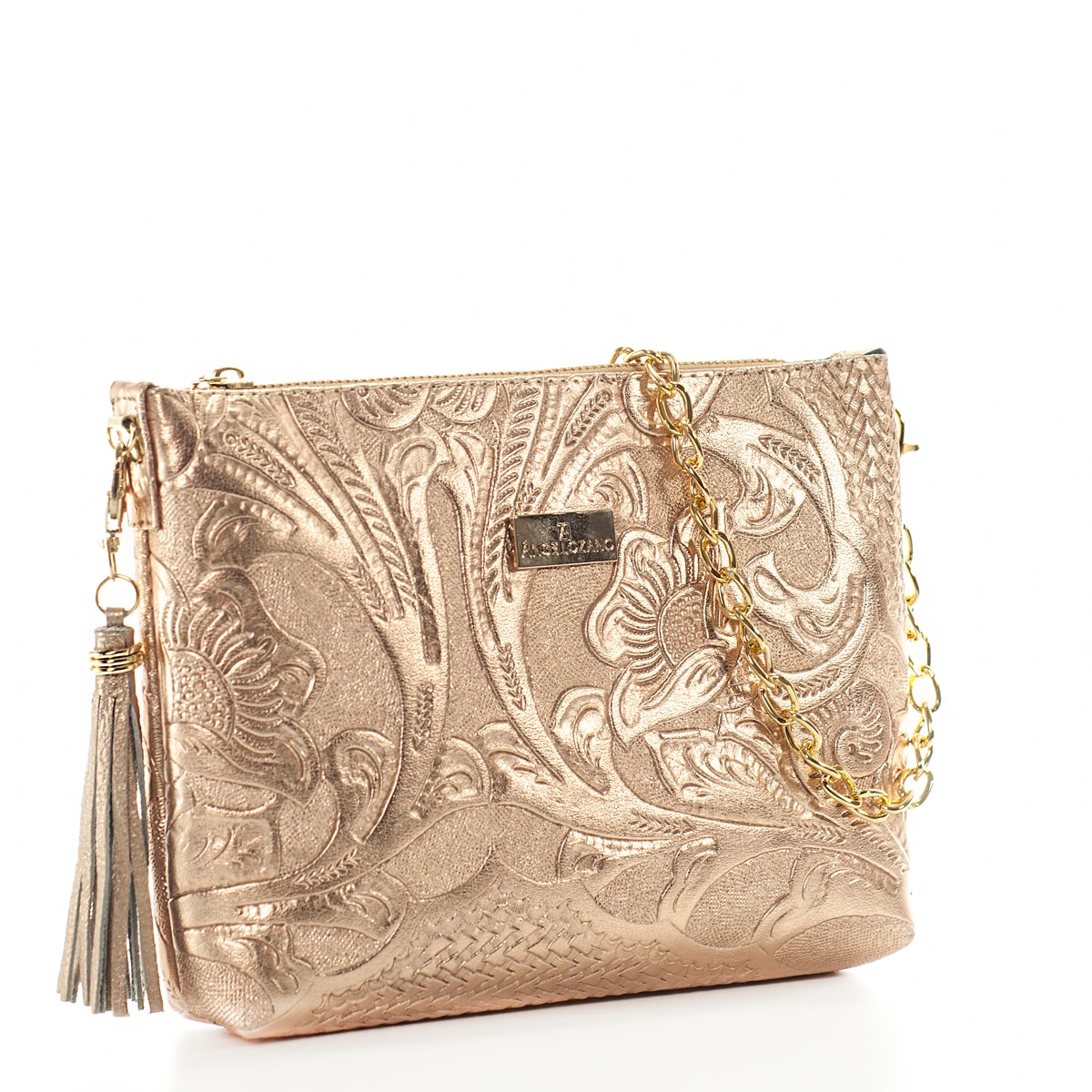 Bolso Crossbody Arena A Ángelozano Oro Rosado Piel Grabada Tipo Cincelado $954