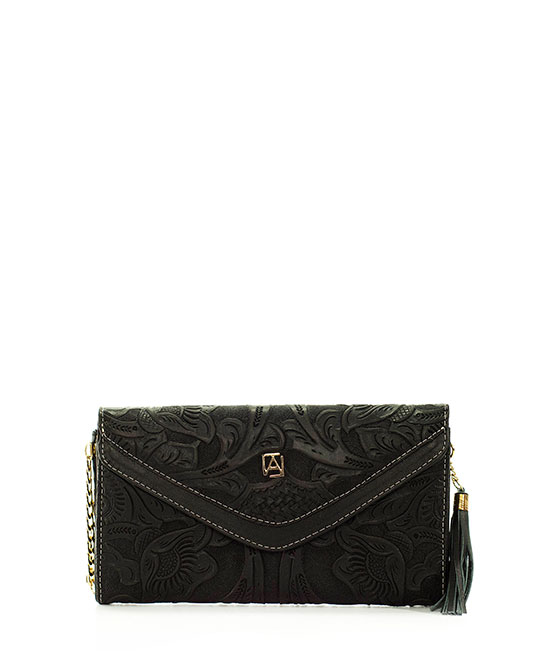 Bolso Clutch A Ángelozano Modelo Valentina Piel Grabada Tipo Cincelado Color Negro