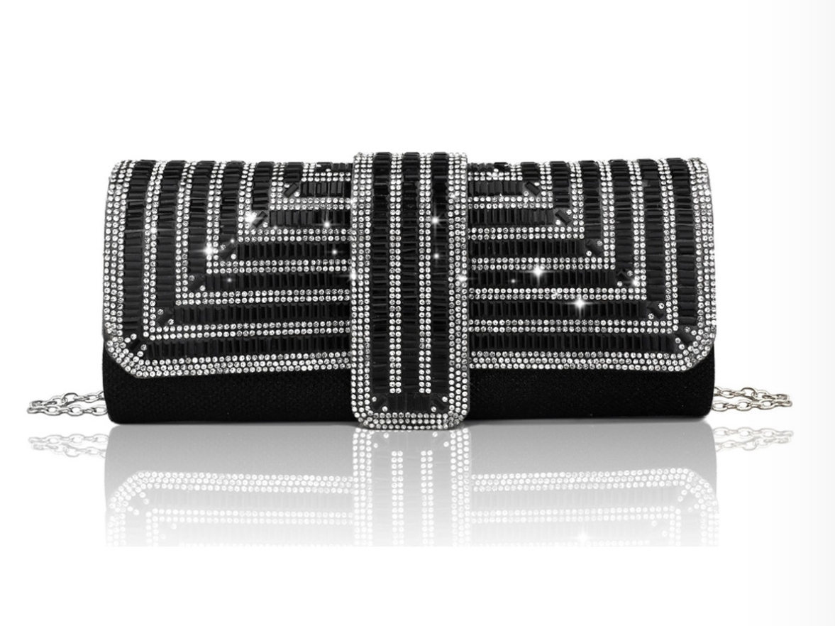 Bolso de Mano Brillante Negro con Diamantes