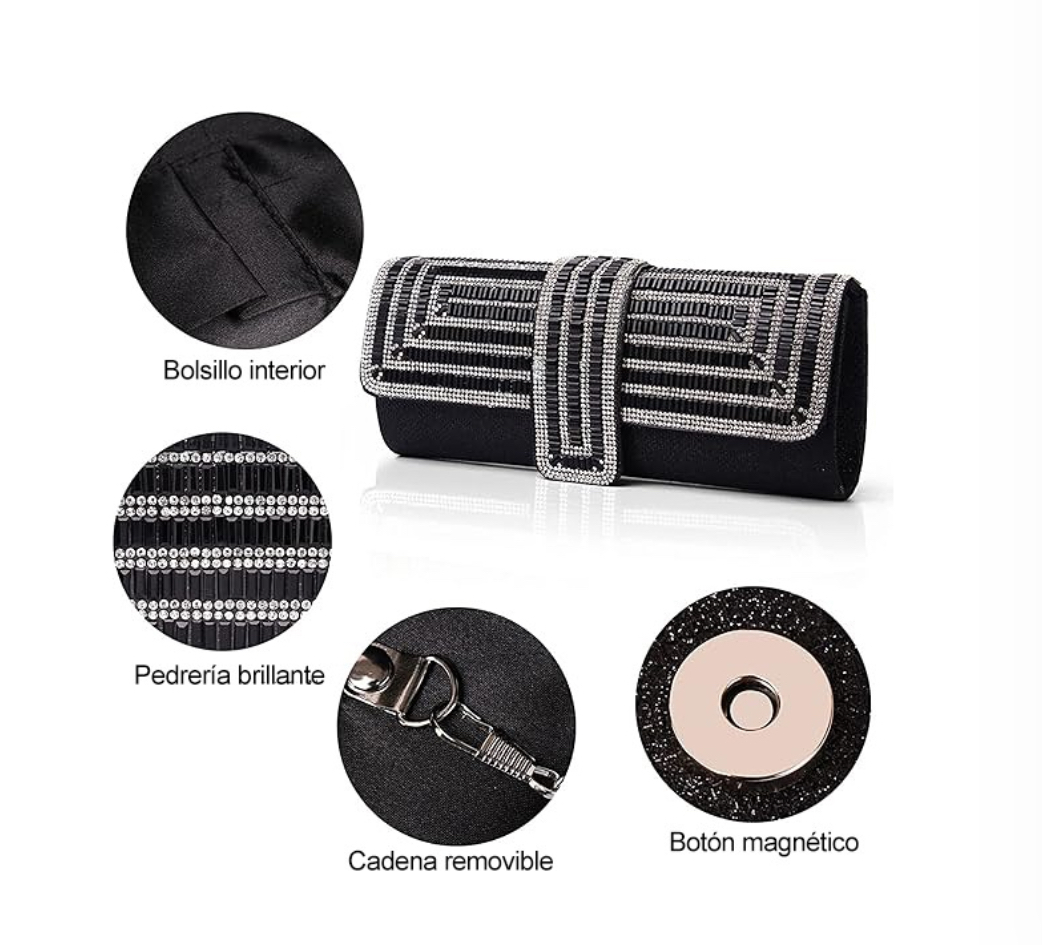 Foto 4 pulgar | Bolso de Mano Brillante Negro con Diamantes
