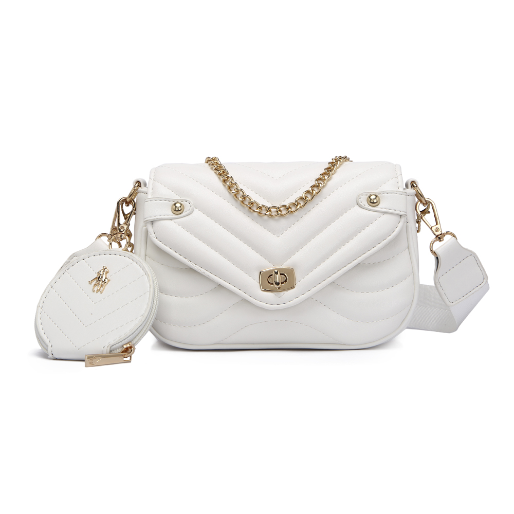 Bolsa Cruzada Hpc Polo color Blanco con Logo de la Marca en Metal Capitonada con Monedero