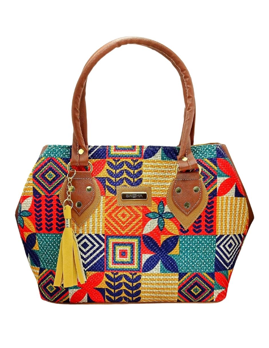 Bolsa Artesanal de Cuero Vegano y Yute Natural Multicolor para Dama