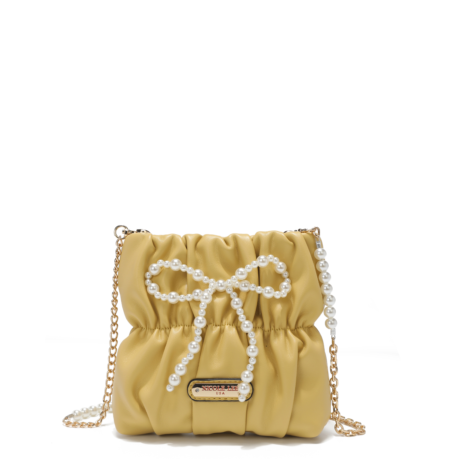 Bolsa de Fiesta Nicole Lee Luana color Amarillo con Cadena y Perlas