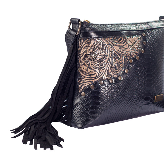 Foto 2 | Bolso Crossbody Catalina  A Ángelozano Negro Piel Cincelada A Mano Y Piel Exótica