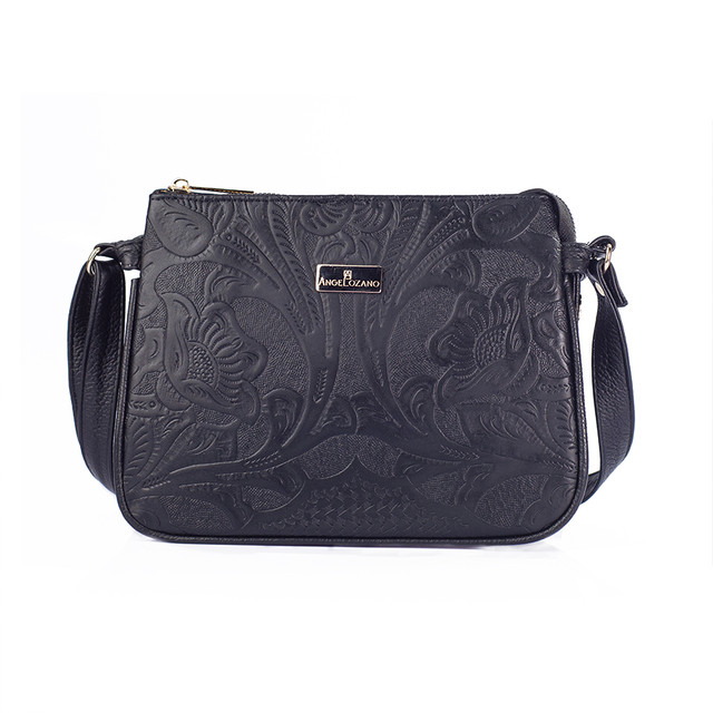 Bolso Crossbody Jaqueline A Ángelozano Negro Piel Grabada Tipo Cincelado