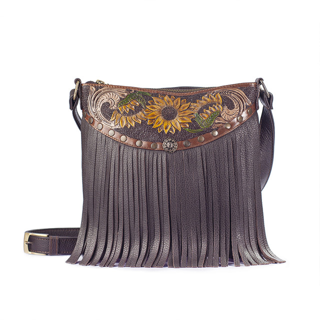 Bolso Crossbody Marisol A Ángelozano Café Con Flecos Y Piel Cincelada Y Pintada A Mano