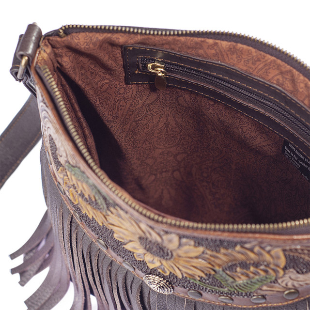 Foto 2 | Bolso Crossbody Marisol A Ángelozano Café Con Flecos Y Piel Cincelada Y Pintada A Mano