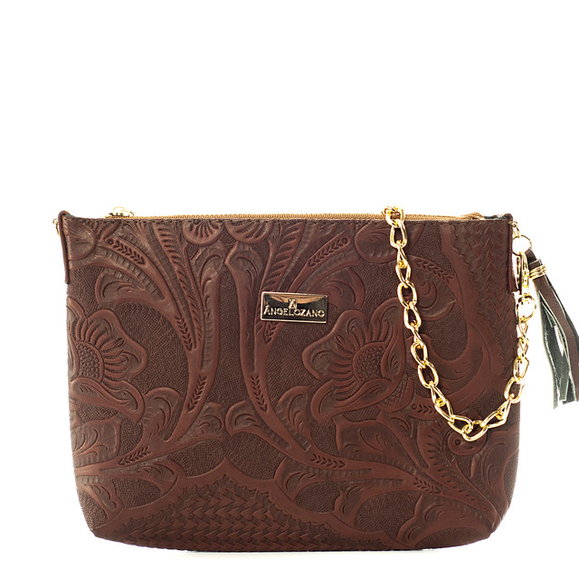 Bolso Crossbody Arena A Ángelozano Café Piel Grabada Tipo Cincelado