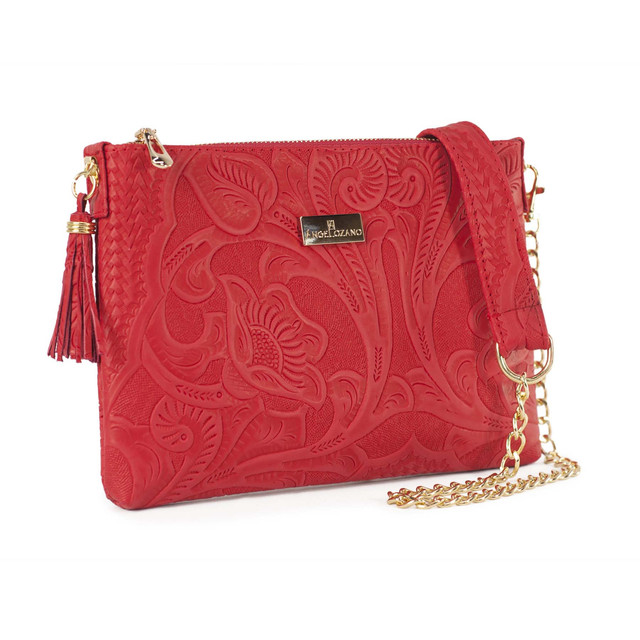 Foto 2 pulgar | Bolso crossbody arena A Ángelozano piel grabada tipo cincelado color Rojo