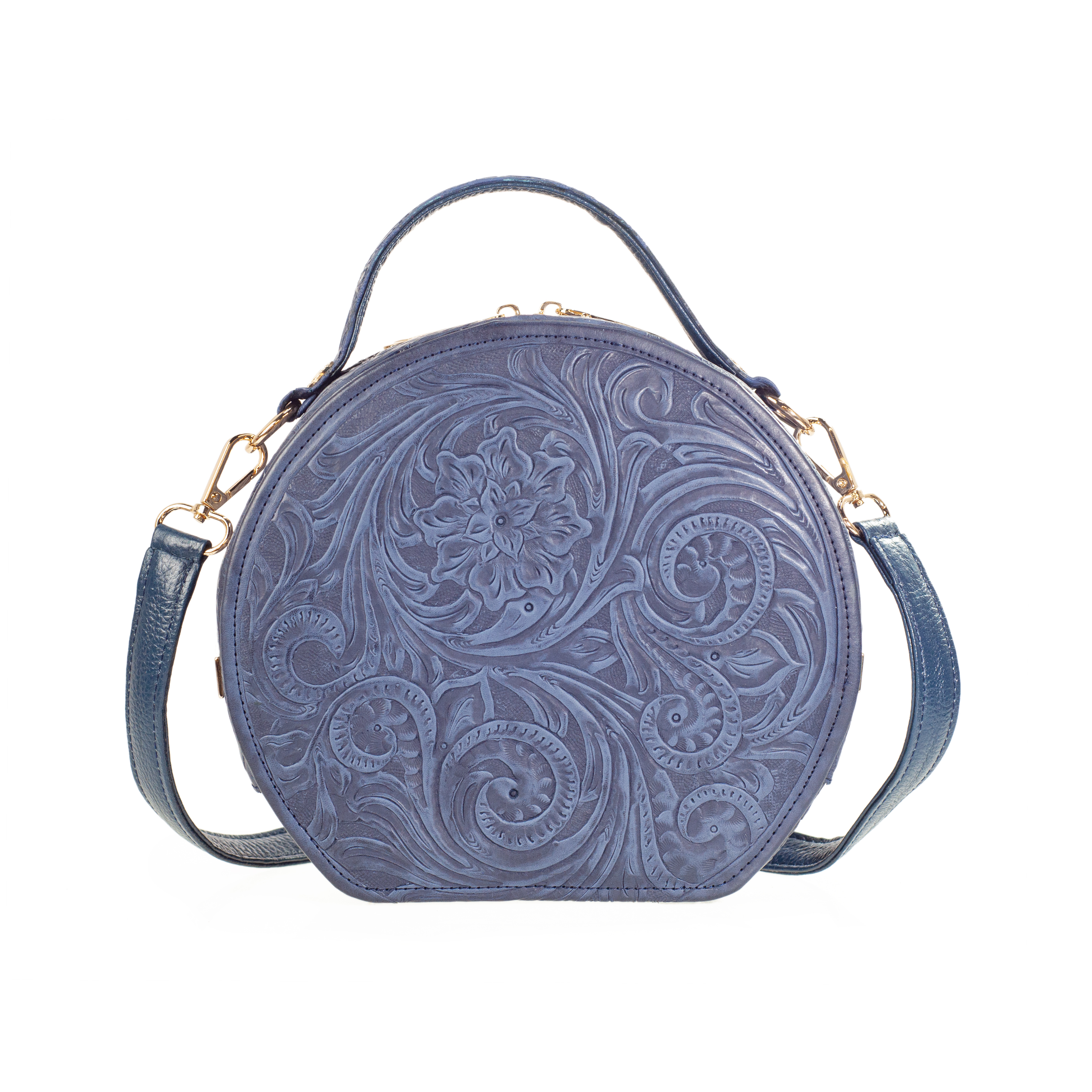 Bolso Crossbody A Ángelozano Modelo Quetzal De Piel Grabada Tipo Cincelada Color Azul