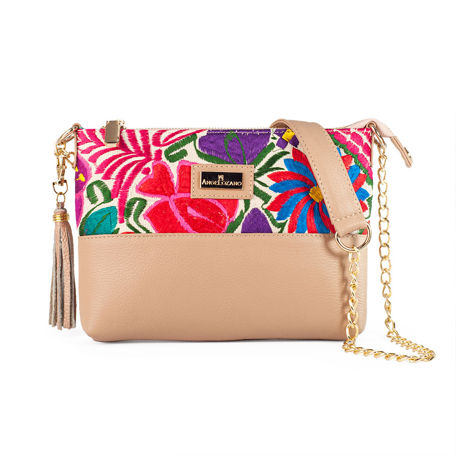 Bolso Crossbody A ÁNGELOZANO Arena Maquillaje de Piel Medio Telar Artesanal